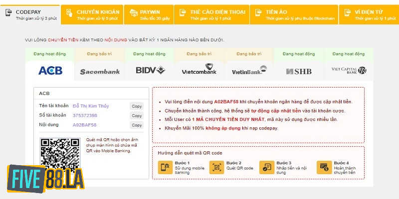 Nạp tiền Five88 bằng Codepay