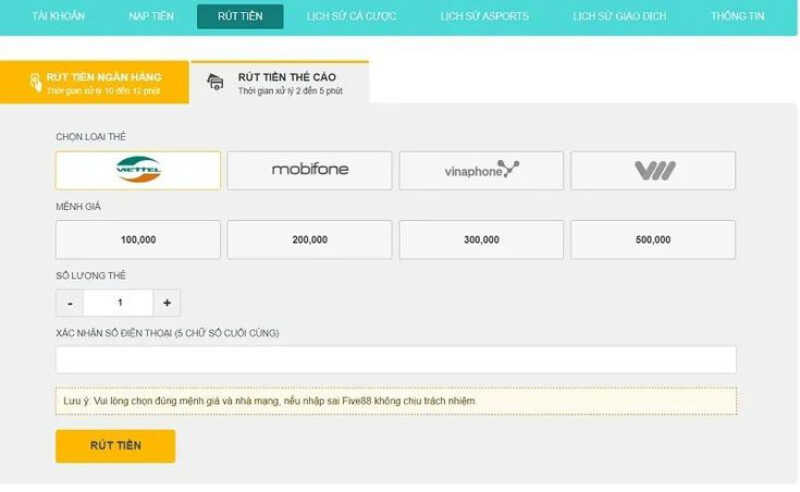 Rút tiền thẻ cào tại Five88